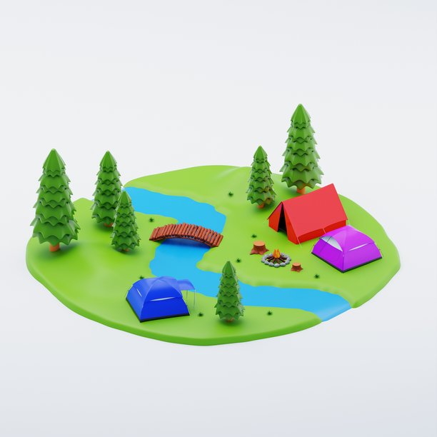 帐篷和树木旁的露营地 3D插画图片下载