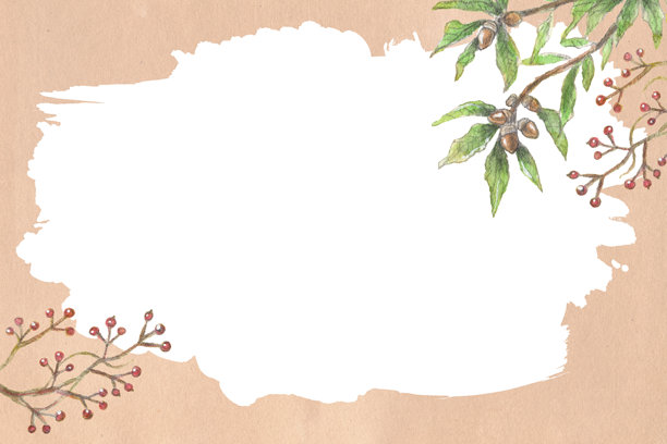 水彩画风格的橡子、红浆果和鲑鱼粉色纸张纹理的帧素材图片下载