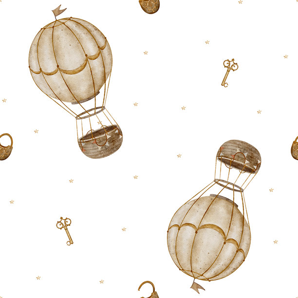 复古热气球图案，钥匙，锁，星空冒险。手绘水彩儿童复古风格插画。无缝印花，背景分离，适用于纺织品设计、面料墙纸。图片下载