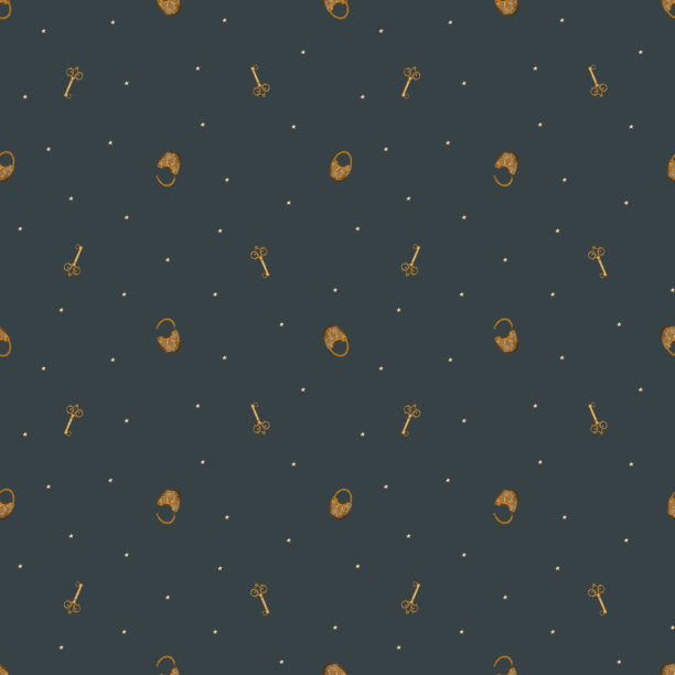 复古铜质钥匙和锁图案，带有星星。儿童复古风格的手绘水彩插画。用于设计、纺织品、壁纸、包装的藏蓝色背景上的无缝印花。图片下载