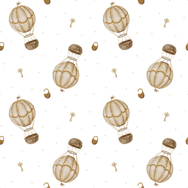 复古热气球图案，钥匙，锁，星空冒险。手绘水彩插画，童趣复古风格。无缝印花，从背景中分离，适用于纺织品设计、面料和壁纸。图片下载