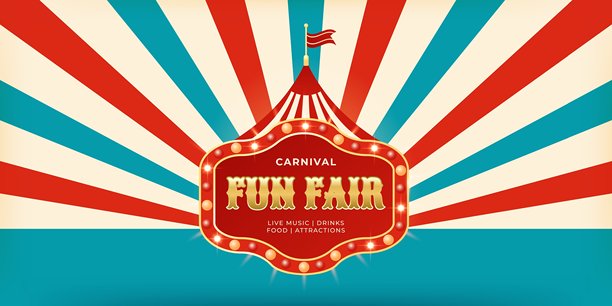复古帐篷和放射状条纹的嘉年华海报。适合家庭活动、节日、儿童表演或游乐园推广的复古版式。矢量插画图片下载