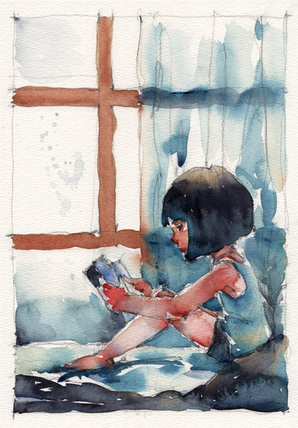 手绘水彩插画，描绘了一个快乐的小女孩在柔和的粉彩和童稚的情感中享受户外时光。图片下载