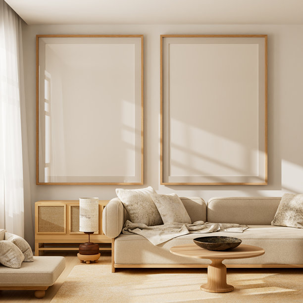 斯堪的纳维亚风格客厅室内，配有样机海报框和米色沙发。3D插画图片下载