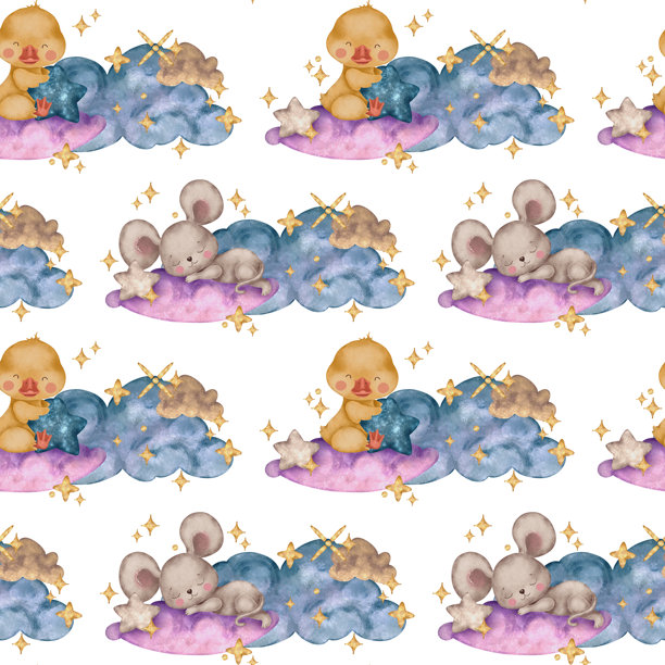 水彩风插画，一只正在睡觉的老鼠，组成无缝图案图片下载