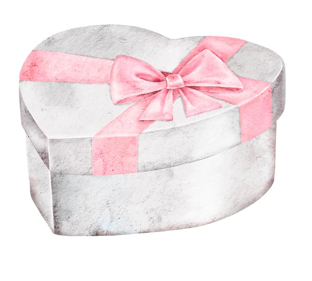 水彩插画，一个银色心形礼品盒，系着粉色丝带蝴蝶结。适合情人节贺卡、包装、海报或婚礼请柬装饰的柔美浪漫元素。图片下载