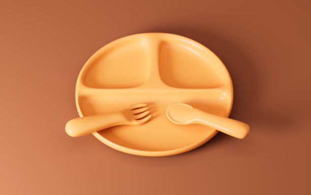 卡通婴儿辅食餐具，3D渲染。图片下载