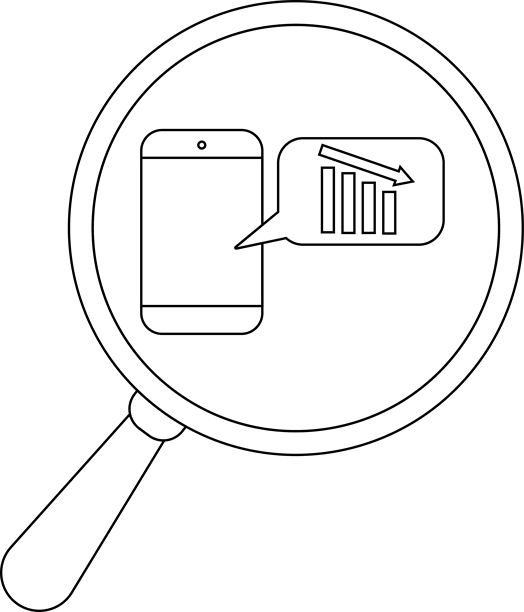 放大镜下，一个手机在对话气泡中显示着下降的柱状图图片下载