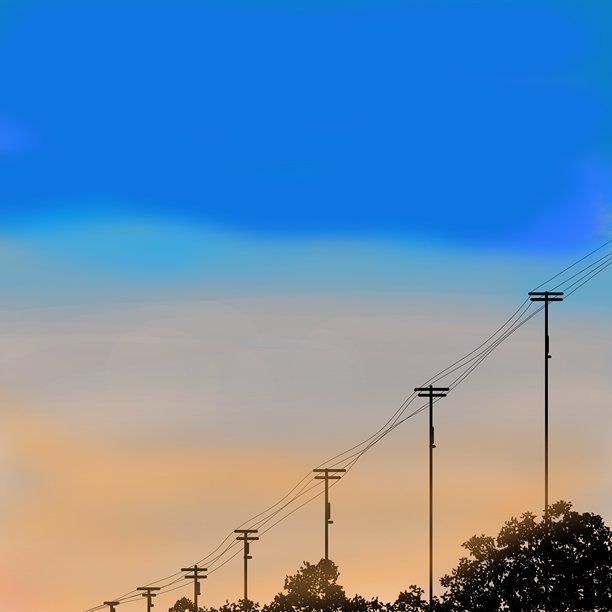 极简风格矢量插画，描绘了剪影式的电线杆和电线，背景是美丽的渐变日落天空。干净的图形背景营造出透视感、宁静感和怀旧感。图片下载