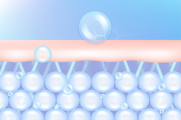 透明质酸和烟酰胺灰发和皮肤解决方案广告，蓝色胶原蛋白精华滴入皮肤细胞，带有化妆品广告背景，插画矢量图，可供使用。图片下载
