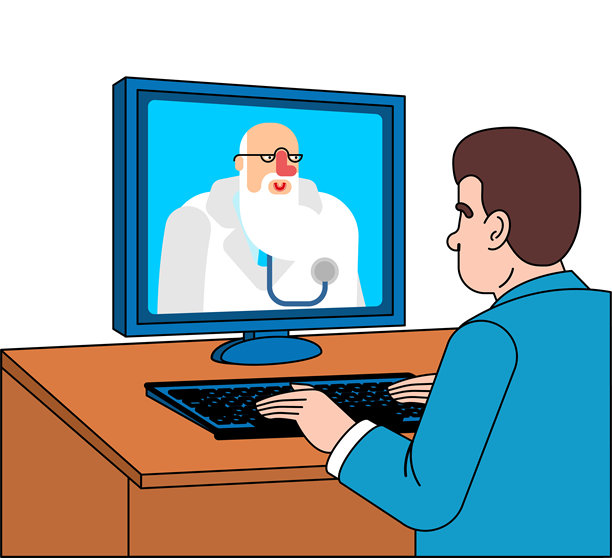 医生通过电脑屏幕咨询患者，象征着远程医疗、在线医疗保健、远程医疗服务和现代数字健康解决方案。图片下载