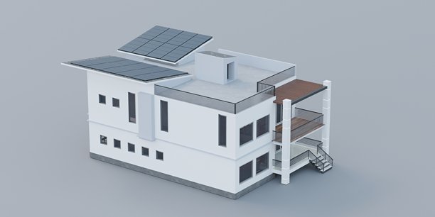 建筑上的太阳能电池板，清洁能源，背景，三维插画图片下载