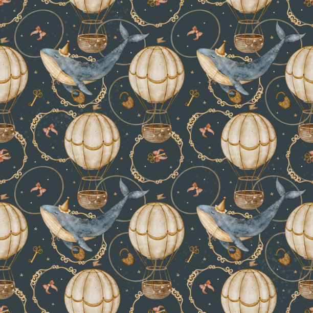 水彩图案复古蓝鲸、热气球、相框、钥匙、蝴蝶结、锁。儿童风格的手绘插画。深蓝色背景上的无缝印花，适合服装纺织品设计。图片下载
