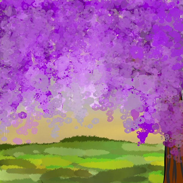 一棵在宁静风景中哭泣的紫色花树的印象派数字绘画。柔和天空下的连绵绿丘。异想天开、梦幻般的彩色自然插画，适合用作背景。图片下载