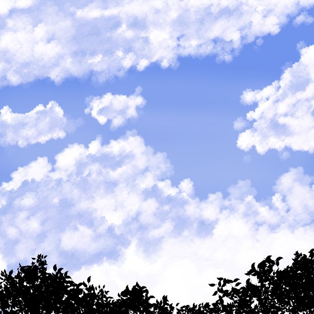 数字绘画，描绘了蔚蓝的大海，阳光洒在水面上，映照出明媚的光辉，上方是充满蓬松白云的生动天空。这是一个宁静的海景背景，非常适合用于设计和插画。图片下载