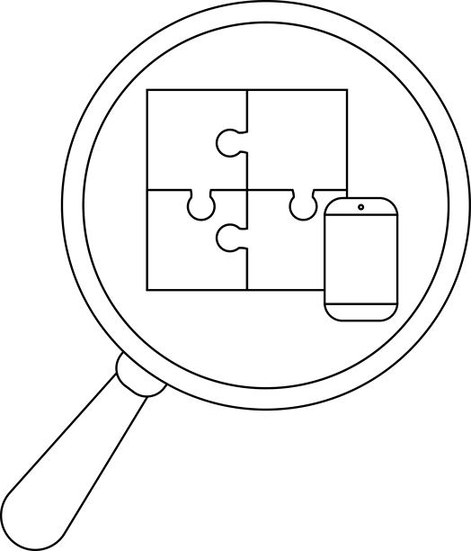 放大镜聚焦于四块拼图和一个风格化的智能手机轮廓图片下载