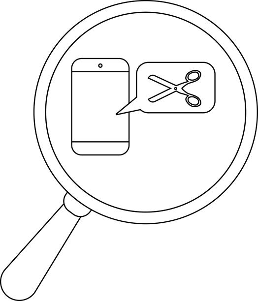 放大镜下的手机，手机上的对话气泡里是剪刀图标。图片下载