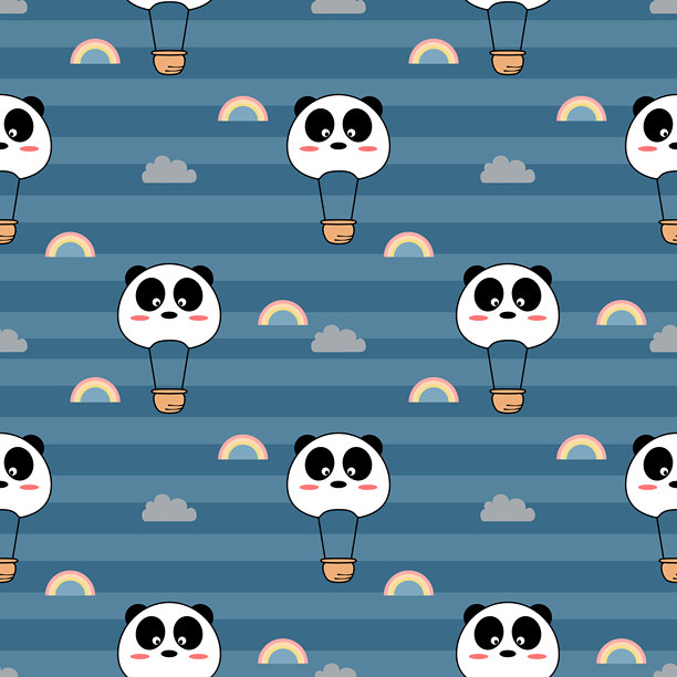 可爱的熊猫卡通头像热气球，背景是云彩、彩虹和蓝色。无缝图案矢量插画。图片下载