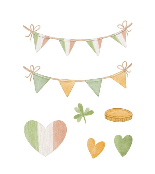 圣帕特里克节装饰素材，包含花环、三叶草、硬币和爱心。图片下载