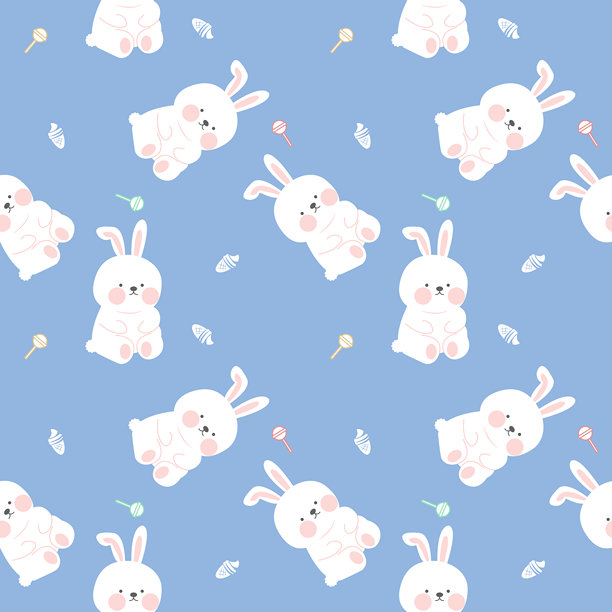 胖兔子卡通形象，非常可爱，正在吃甜点，有棒棒糖和冰淇淋，背景为浅蓝色，无缝图案矢量插画。

Translation Analysis:
The translation is direct and accurate.图片下载