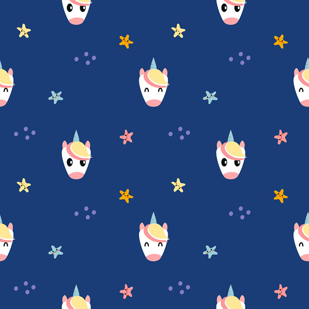 可爱的独角兽卡通脸，在星星和蓝色背景上。无缝图案矢量插画。图片下载