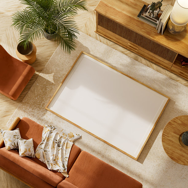 日式北欧风格客厅，采用天然木材和米色调。现代客厅中的模拟海报画框。3D插画。图片下载