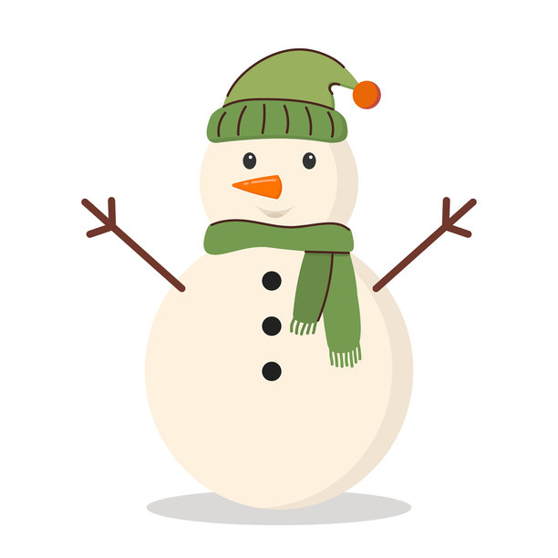 戴着绿色帽子和围巾的雪人，可爱的卡通形象，扁平化风格。冬季和圣诞节矢量插画，白色背景。图片下载