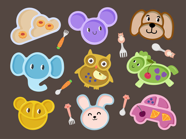 儿童餐具。有趣的餐具系列，包括勺子和叉子，最近的矢量儿童插画。图片下载