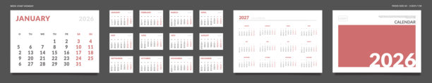 2026年日历计划模板，含月度页面、照片位封面、公司Logo、2027年年度。适用于打印的壁挂或桌面日历矢量布局。周一为一周开始。周末两天为红色。A4尺寸页面。图片下载