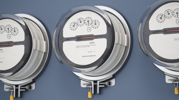 商业建筑用电量监测电表阵列。三维插画图片下载