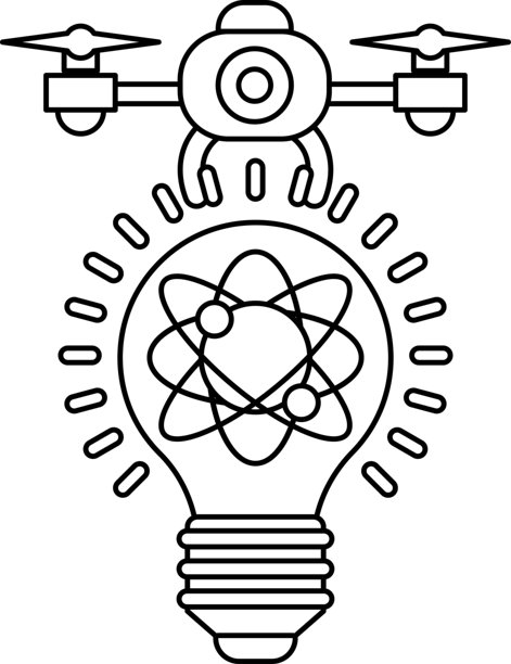 中间有一架无人机的黑白灯泡插画图片下载