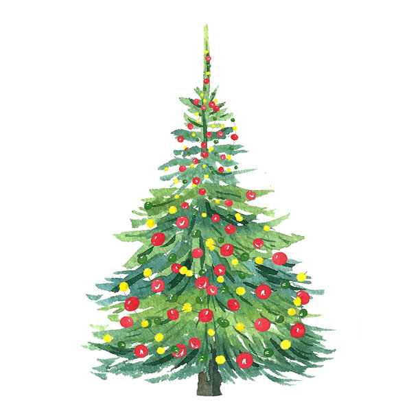 圣诞树，装饰有彩球和花环，水彩插画，适用于明信片图片下载