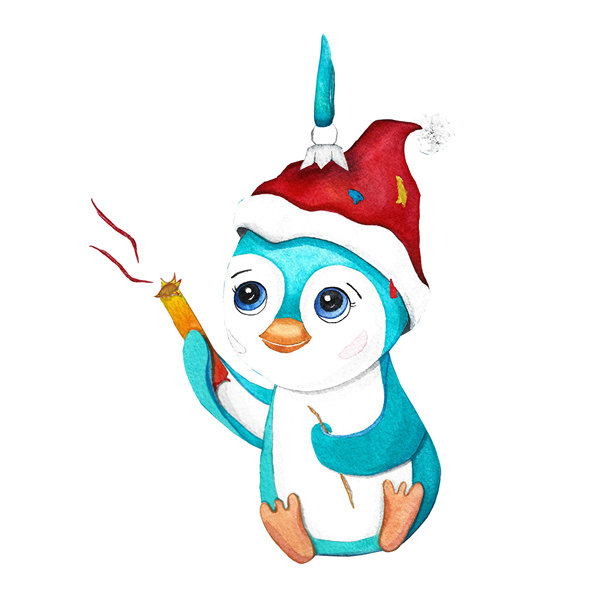 圣诞树玩具，戴着新年帽的蓝企鹅，用于明信片的彩色插画图片下载