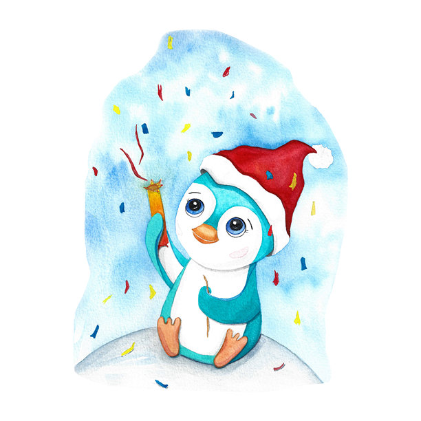 可爱的企鹅戴着圣诞帽，背景是雪景，水彩插画风格，适用于纺织品、餐具和明信片。图片下载