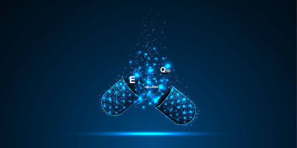 抽象的3D胶囊、药丸和药物，包含维生素和胶原蛋白，采用几何低多边形线框设计。象征关爱、科学与技术。矢量插画。图片下载