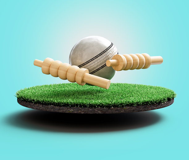 草地球场上的白色皮革缝制ODI板球（配有两个球门桩）3D插画图片下载