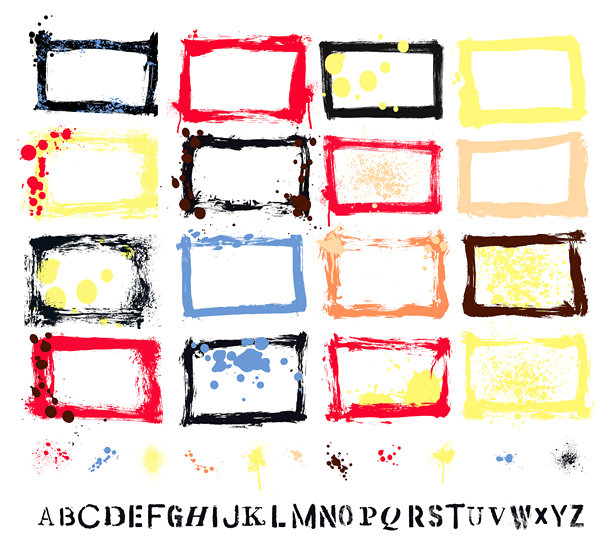 平面设计要素：手绘风格页面边框，含扫描纹理、笔触、墨滴和模板字母，包含高分辨率JPEG和矢量文件图片下载