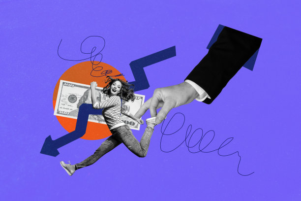 女商人在照片拼贴中，箭头指向下降统计图表，显示通货膨胀、经济损失和美元钞票问题。图片下载