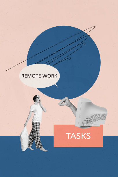 快乐的商界人士竖版波普艺术照片拼贴，他们站立在电脑显示器旁，上手查看任务工作量，进行远程办公。图片下载