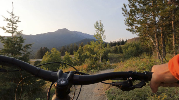 POV：森林中越野电动山地自行车的视角图片下载