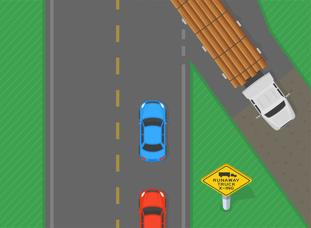 交通规则与提示。满载的运材卡车为利用避险车道而横穿车道的俯视图。重型车辆刹车失灵。矢量插画模板图片下载