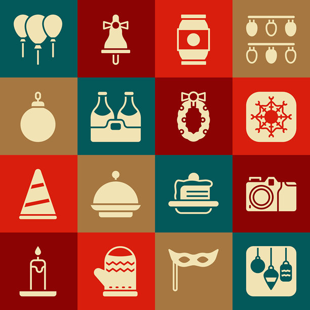 圣诞彩灯、照相机、雪花、啤酒罐、香槟酒瓶、彩球、带丝带的气球和花环图标。矢量图图片下载