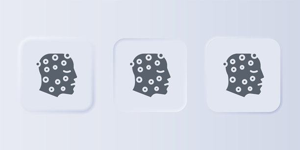 灰色脸部患有银屑病或湿疹皮疹图标，孤立在灰色背景上。人类皮肤对过敏原或慢性身体问题的反应概念。方形按钮中的图标集。矢量图。图片下载