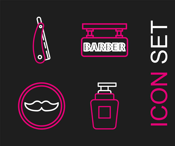 洗发水瓶、胡子、理发店和剃刀的线条图标。矢量图图片下载