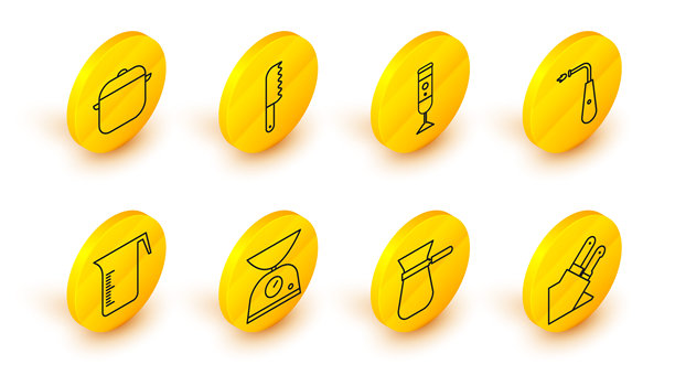 刀具、土耳其咖啡壶、秤、量杯、长款电动打火机、搅拌机、面包刀和锅的图标。矢量图图片下载