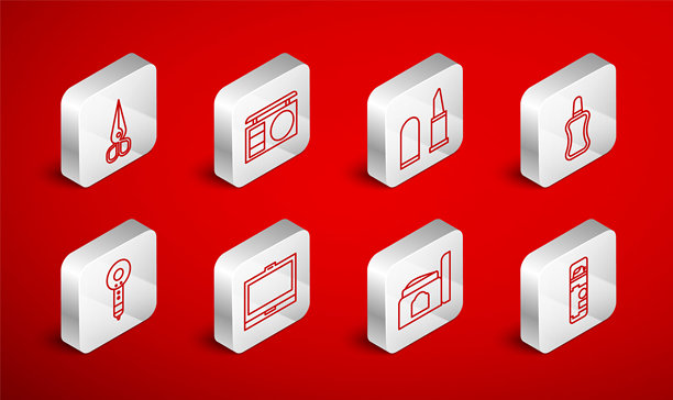 刮胡膏、眼影盘、口红、指甲油瓶、化妆品乳霜管、剪刀、带镜子的化妆粉和吹风机图标的矢量图。图片下载