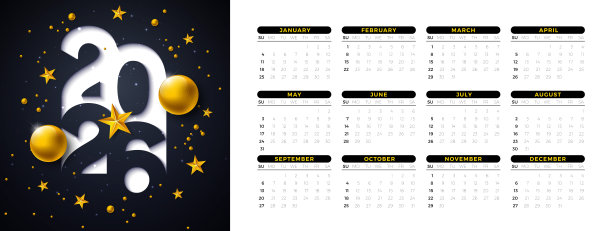 2026年可打印日历设计模板，带有数字符号和整年每月排版，背景为白色，迎接新年。横向日程计划插画，适用于墙报、卡片日历、文具、传单、横幅。星期从周日开始。图片下载