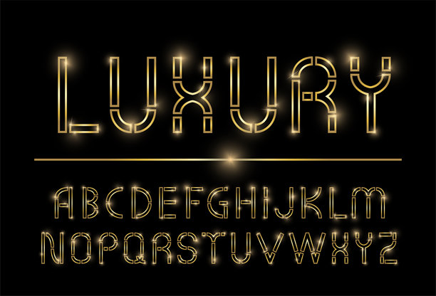 金色闪亮的奢华无衬线现代字体，孤立在黑色背景上。逼真的光照效果。矢量插画图片下载