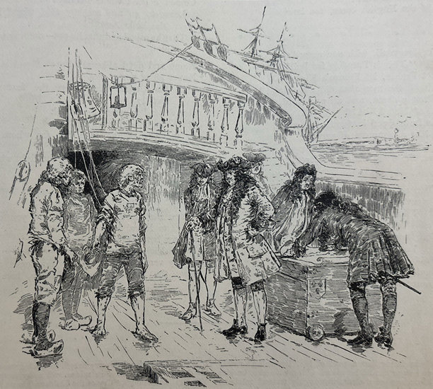 复古插画 - 一群留着长发、身穿长款外套的男人站在帆船甲板上图片下载