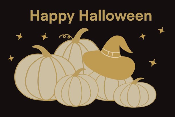 优雅简约的万圣节插画，以金色南瓜和女巫帽为特色，背景为深色，营造出奢华而喜庆的氛围，非常适合现代季节性设计。图片下载